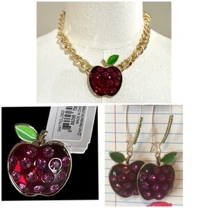 BETSEY JOHNSON SET School Apple Necklace Earrings Ring Crystal Accented NEW NWT